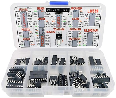 ''IC Assortment Box 75 pcs, PC817c, NE555, LM358, LM324, JRC4558D, LM393, LM339..