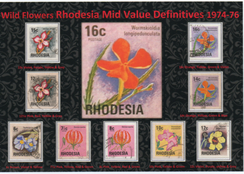 RHODESIA 1974-76 NICE DISPLAY OF MID VALUE DEFINITIVES WILD FLOWERS VFU-GU#1 - Picture 1 of 2