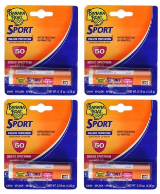 4 Pack Banana Boat Sport Performance Sunscreen Lip Balm Spf 50 .15Oz Each