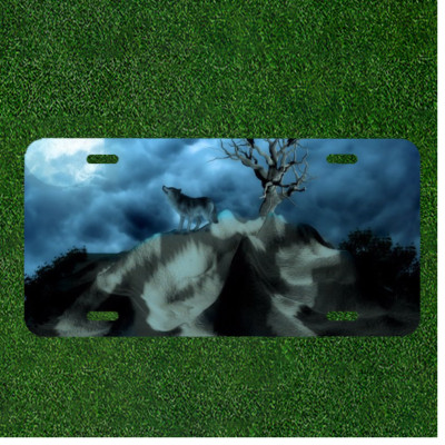 Custom Personalized License Plate Auto Tag With Wolfe Howling By Sky And Moon