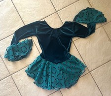 NEW Girls GREEN VELVET Glitter TULLE RUFFLE Competition FIGURE ICE SKATING Dress