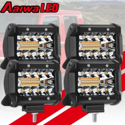 4x 4''Inch LED Work Light Bar Spot Flood Driving Pods Offroad White & Amber Combo