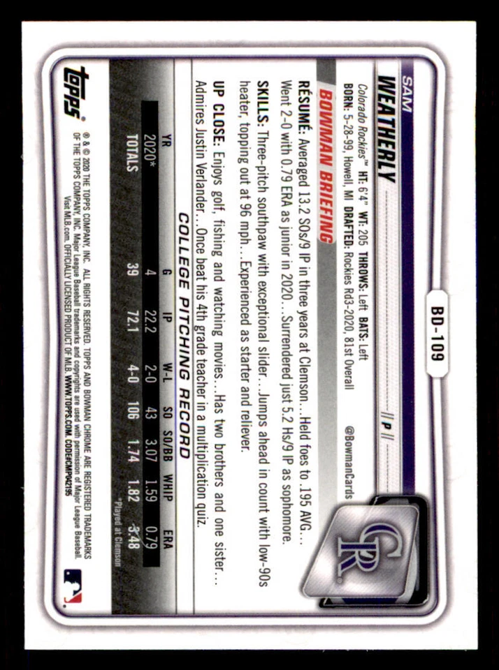 2020 Bowman Chrome Draft #BD109 Sam Weatherly - Image 2 of 2