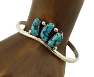 Navajo Bracelet 925 Silver Blue Kingman Turquoise Artist Signed E SANDAVOL C80s