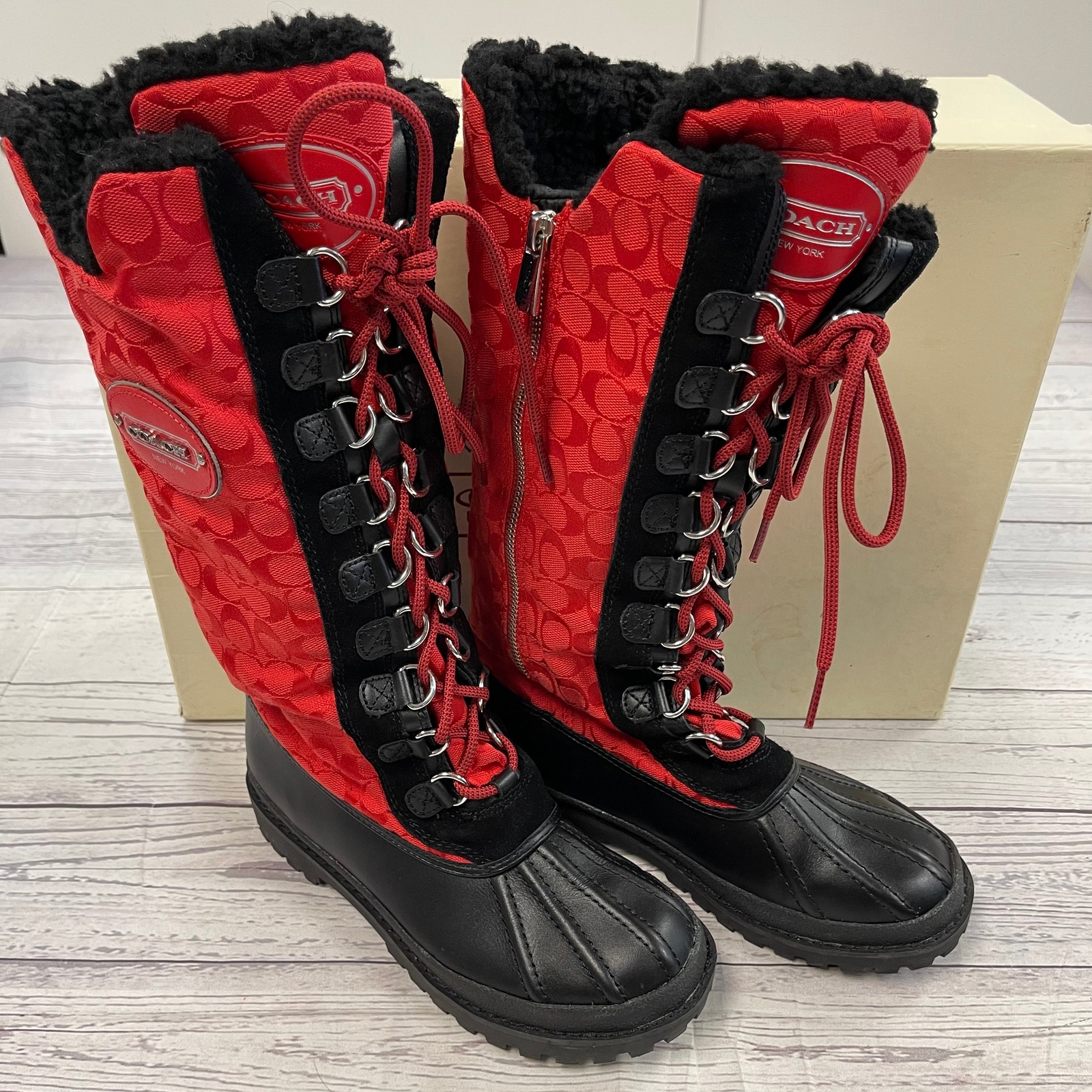 Coach Libby Red Suede Shearling Logo 