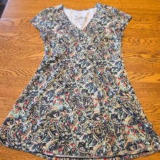 Sahalie Womens S Paisley V-Neck Fit & Flare Midi Dress Short Sleeve Cotton Modal