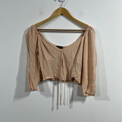 Kendall & Kylie Milkmaid Babydoll Tie Front Smocked Crop Top Womens XS Coquette