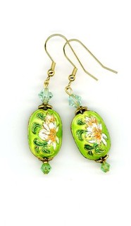 Green floral enameled cloisonne/crystal artisan earrings Birdsongjewelry