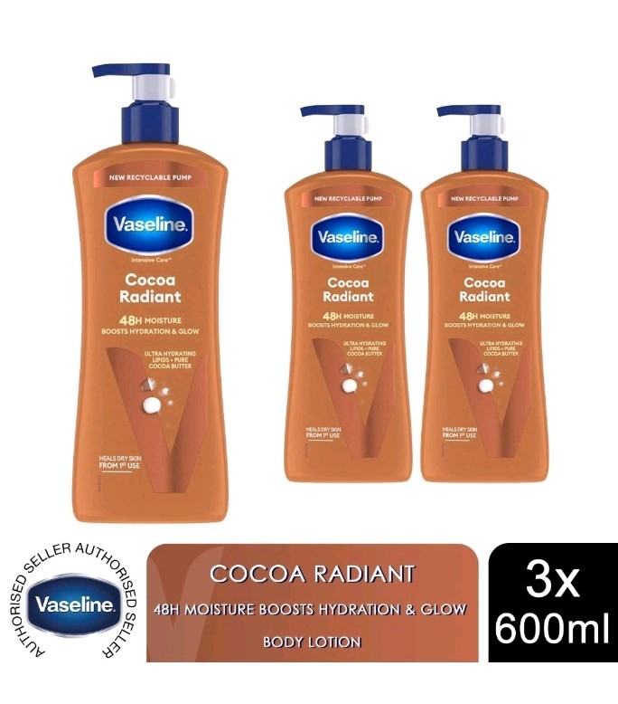 Vaseline Cocoa Radiant Body Lotion, Pack of 3 × 600ml for Dry Skin
