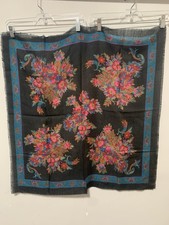 Vintage Challis By Berkshire Black Square Scarf 30" 30" Floral Classic