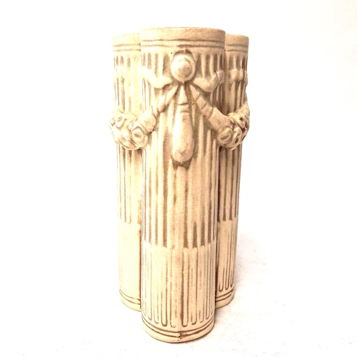 Weller Clinton Vase Ivory Tri Column Garland Relief Pottery USA Antique