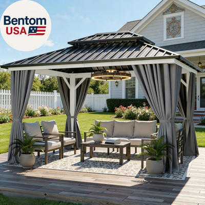 White Gazebo Hardtop 10X12Ft Double Roof Aluminum Frame Galvanized Outdoor Gazeb