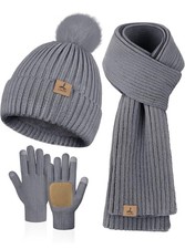 Winter Beanie Hat Scarf Gloves Set, Fleece Knitted Pompom Hat Warm Scarf Gloves