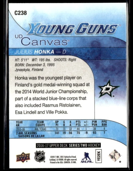L60,268 - 2016-17 Upper Deck Canvas #C238 Julius Honka YG - Image 2 of 2