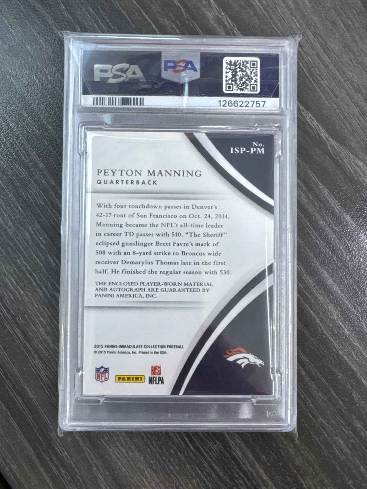 2015 Peyton Manning panini immaculate Signature patch gold PSA Auth auto 10 3/10 view 3