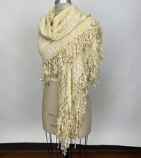Antique 1910s Cream Silk Bias Shawl Mantle Cape with Feathered Fringe As Is
