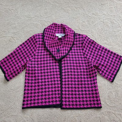  MING WANG Fuchsia Pink/Black Houndstooth One Button Cape Jacket  XS