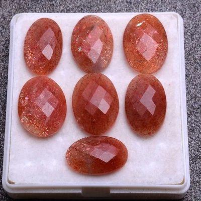 Funkelnde Sonne ~ 7 Stück Natürlich Sonnenstein Unbehandelt Oval Checker Cut - Bild 1 von 4