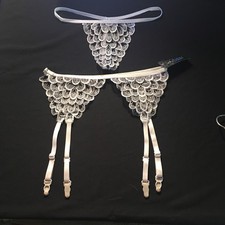 Ladies 3pc Lace G String, Garter Belt And Sheer Hose. Med. Black And White Lace.