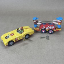Lot of 2 Tin Wind Up Racing Car 8 and Railway Train Mine Cart Tested Works