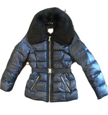 Laundry By Shelli Segal Women's Satin Navy Belted Puffer Faux Fur Collar Size S