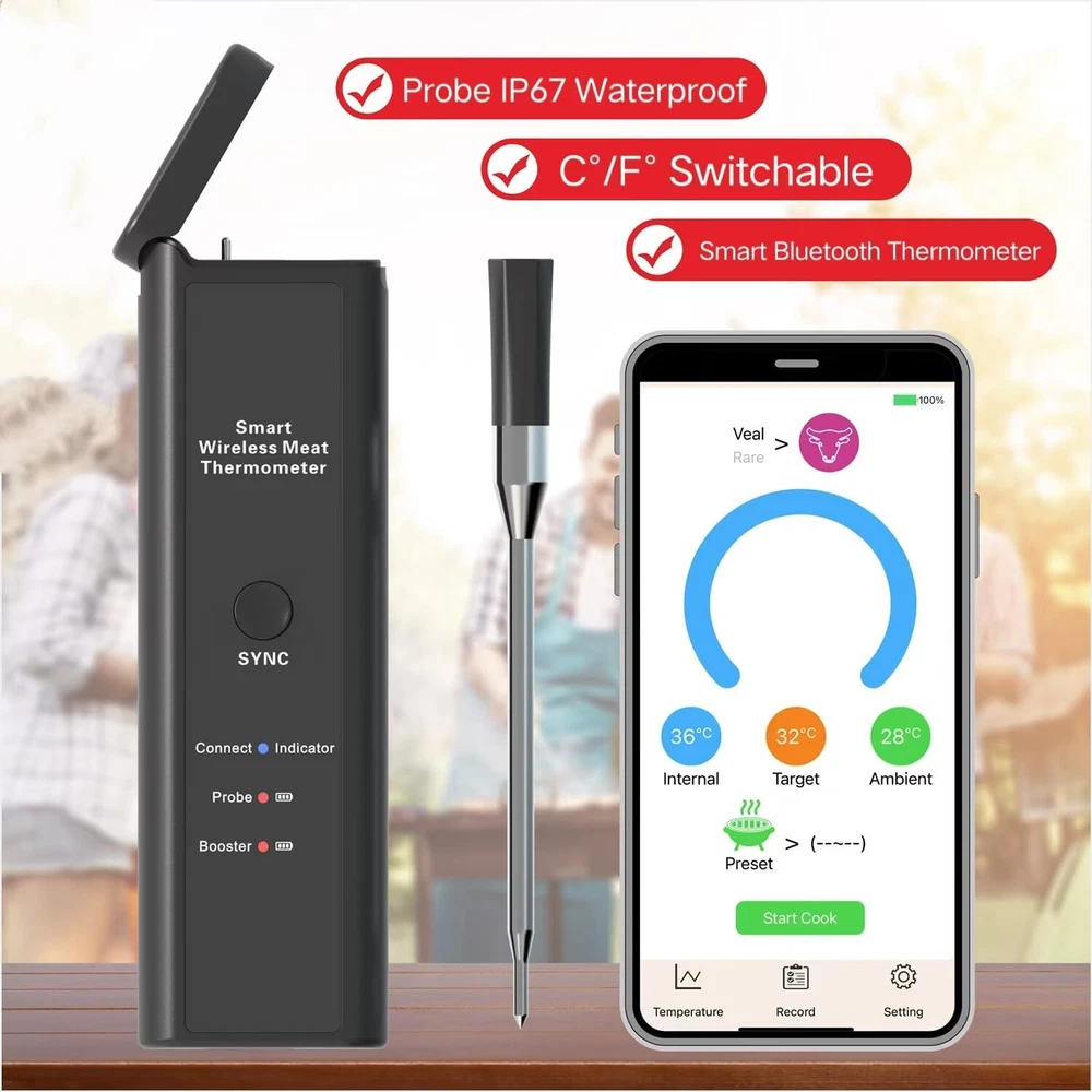 Wireless Meat Thermometer, 492ft Bluetooth Range, Instant Read Digital Thermo...