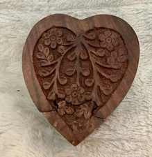 Vintage Hand Crafted Heart Shaped Wood Puzzle Trinket Box - Serrv International