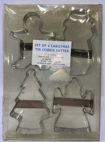 Christmas Tin Cookie Cutters NOS 2004 set (4) Snowman/Angel/Tree/Gingerbread Man - Afbeelding 2 van 6