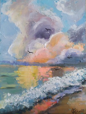 Original Acrylic Painting on Panel Hand-made Art With a Seashore and Clouds
