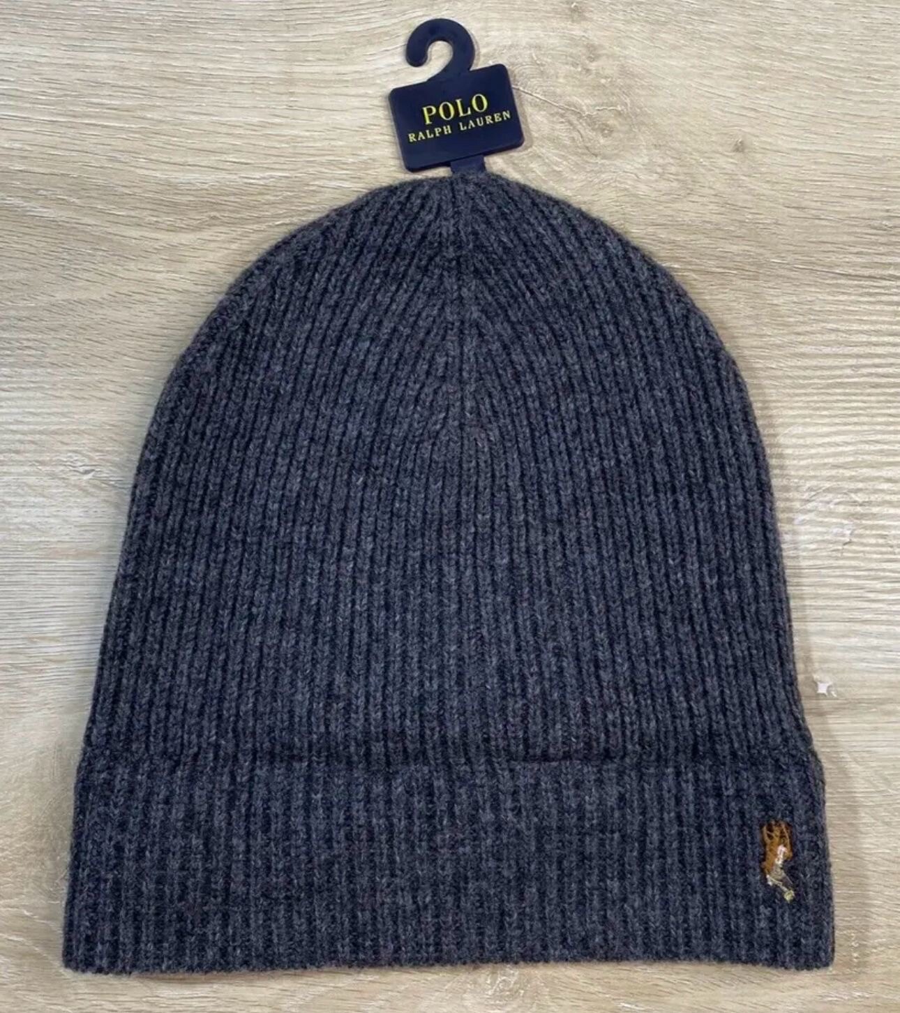 POLO RALPH LAUREN Cappello Da Uomo Grigio Firma Oxford Pony Miscela Lana Beanie Maglia