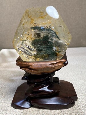 665g natural Green Ghost yellow gum flower quartz crystal Mineral specime+stand