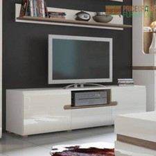CHELSEA LIVING WIDE TV UNIT CABINET STAND IN WHITE GLOSS WITH A TRUFFLE OAK TRIM