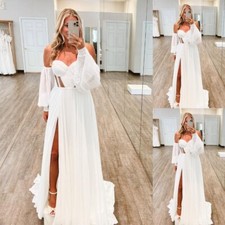 Bohemian Chiffon Long Sleeves Wedding Dresses with Side Split A Line Bridal Gown