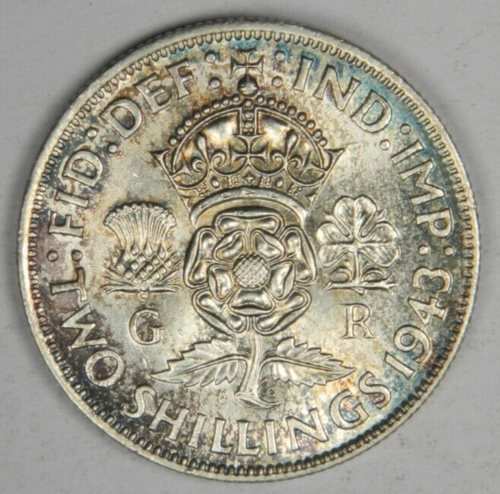 1943 TWO SHILLINGS FLORIN GREAT BRITAIN GB UK SILVER UNC BU GEORGE VI Inv#1036 - Picture 2 of 2
