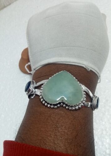 Bangle Jade Heart Shape With Blue Topaz , Gemstone Handmade, Sterling 925 Silver - Picture 1 of 6