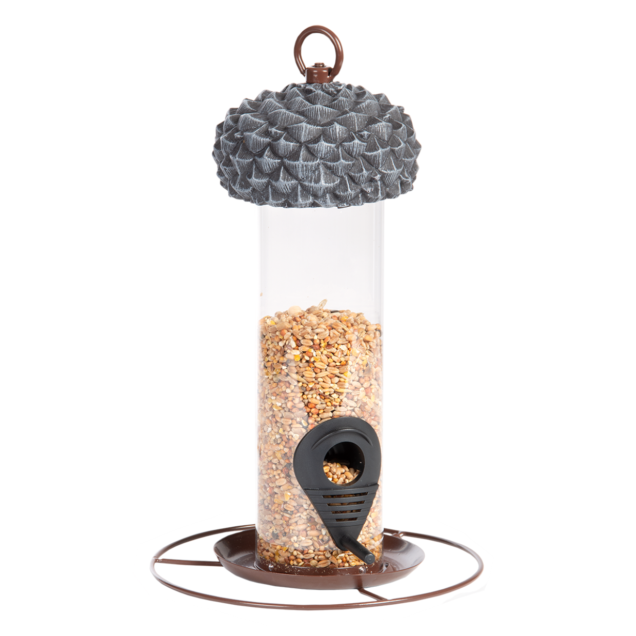 Bird Feeder Hanging Acorn Plastic Seed Silo Grey Brown Feeding Station 27cm