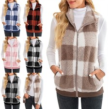 Women Outwear Zip-up Coat Ladies Casual Sleeveless Outdoor Jacket Vest Buffalo