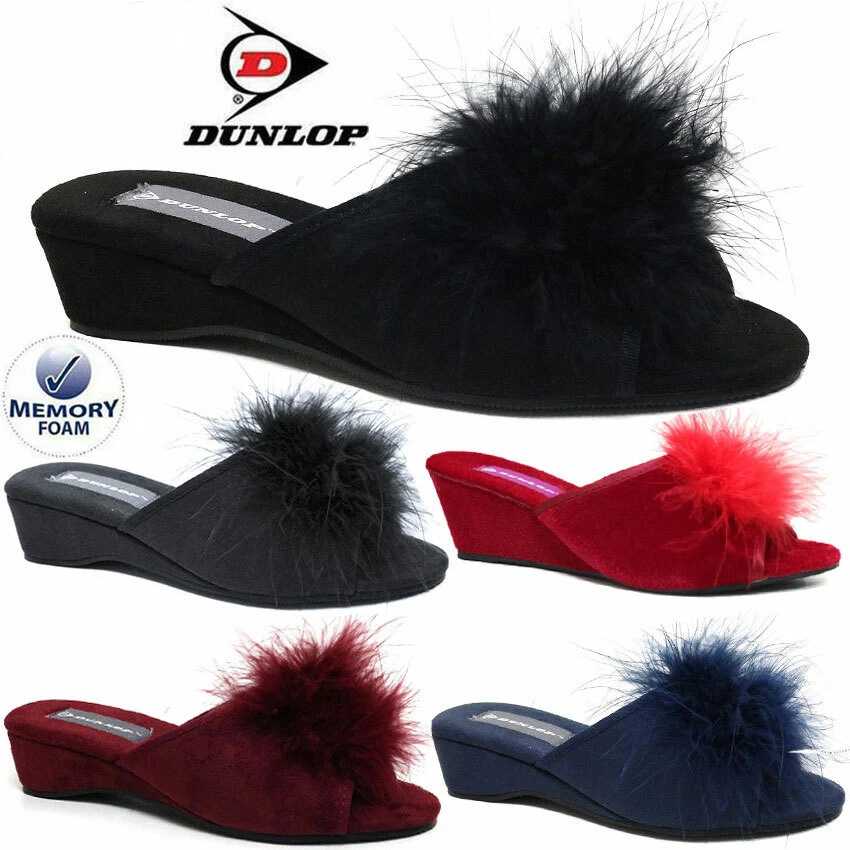 Women Ladies Dunlop Slippers Faux Suede Wedge Pom Pom Fur Wedge Peep Toe Shoes