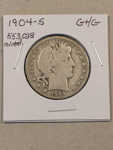1904-S Low Mintage Barber Half Dollar, Full Rim G+/G Condition, Undamaged