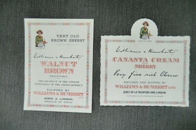 PAIR WILLIAMS & HUMBERT JEREZ & LONDON SHERRY WINE & SPIRIT BOTTLE LABELS 