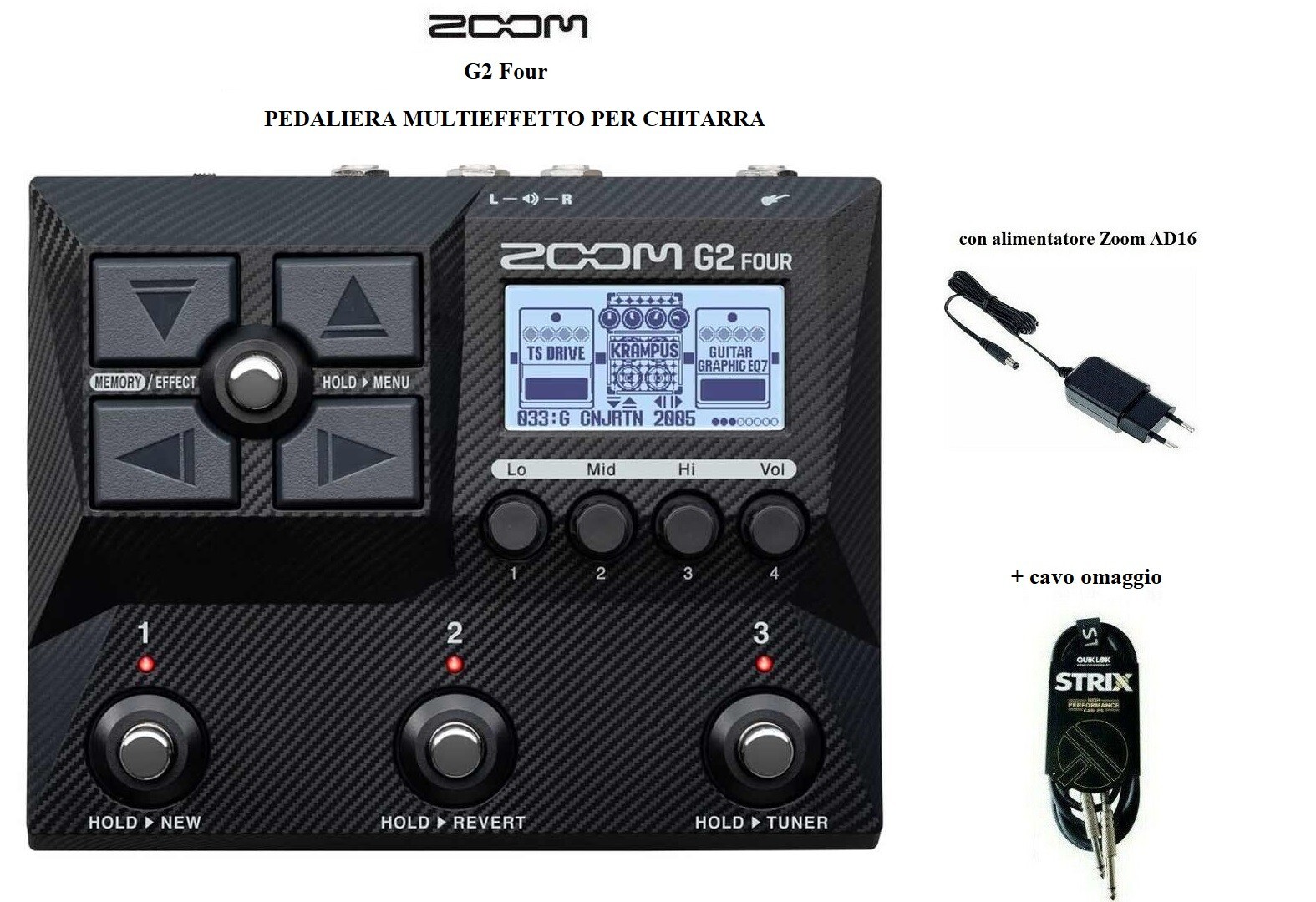 ZOOM G2 FOUR PEDALE MULTIEFFETTO PEDALIERA PER CHITARRA +ALIMENTATORE AD16 +CAVO