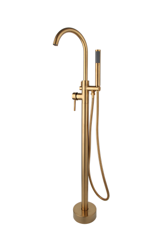 Brushed Gold Floor Mount Free Standing Tub Mixer Faucet Filler Hand Shower Tap - Picture 31 of 56