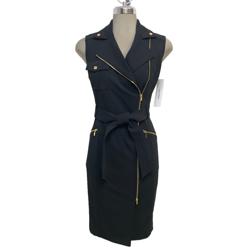 New Calvin Klein Elegant Women's Black Crepe Moto Style Sheath Dress size 10