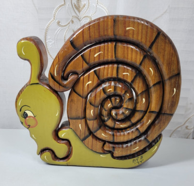 VTG 1994 Wooden Snail 4-Piece Puzzle Hand Crafted & Painted 9'' x 9'' x 1'' B &B