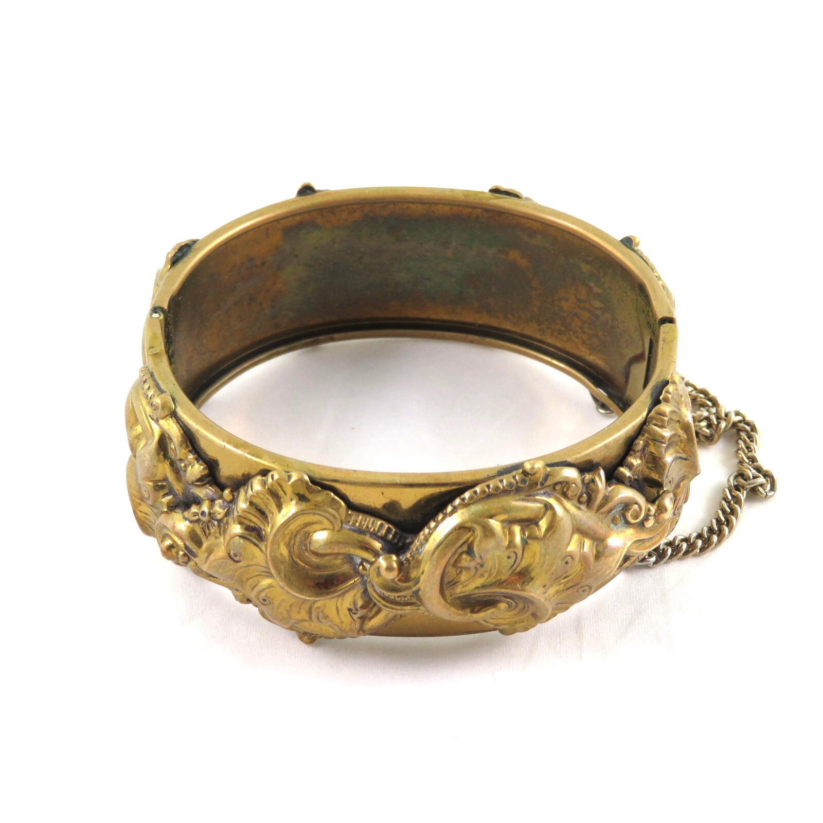 Antique Brass Repousse Hinged Bangle Bracelet 7.5" - image 1