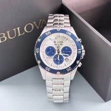 Bulova Marine Star 98B423 Men's Chronograph Quartz Watch White Blue Dial 41.5mm