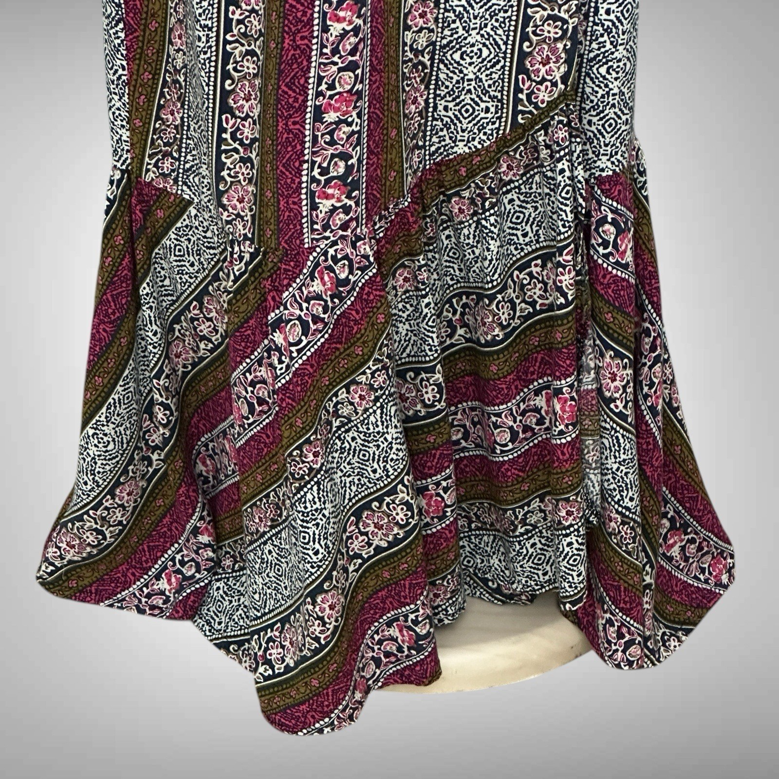 R Vivimos Womens Dress L Pink Green Stripe Wrap Ruffle Maxi Retro Peasant Boho