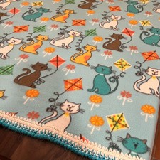 Mod Cats Kites Blanket Throw Afghan Crochet Trim Handmade Whimsical 60 x 75"