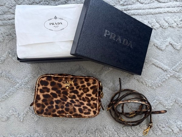 PRADA Shoulder Bag Crossbody Bag Pouch Brown Leopard Calf Hair Gold Chain Box