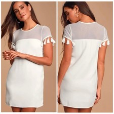 Lulus Iced Latte Women's White Shift Dress size XL Tassel Illusion Neck U Summer